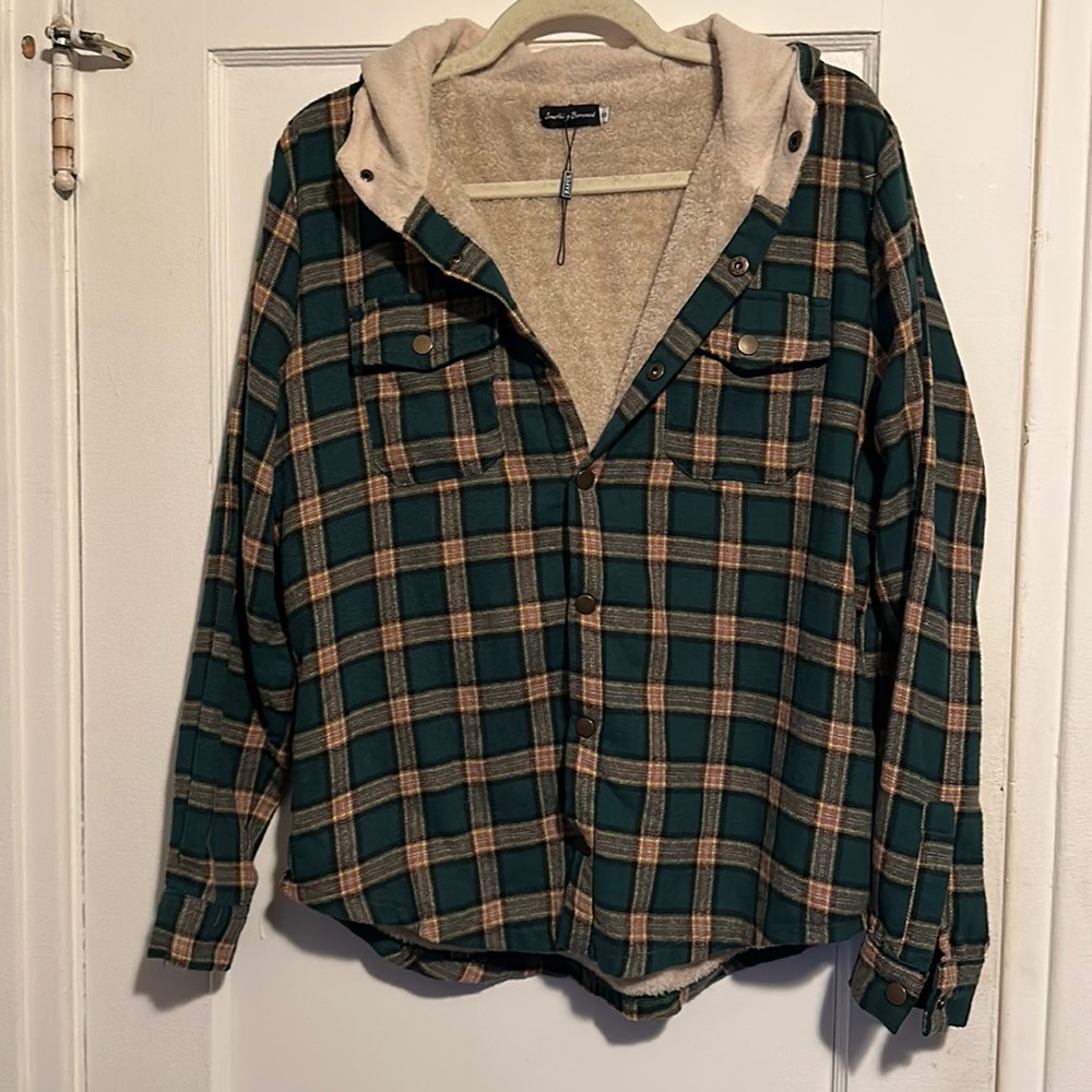 Fuzzy lined green flannel with hood.